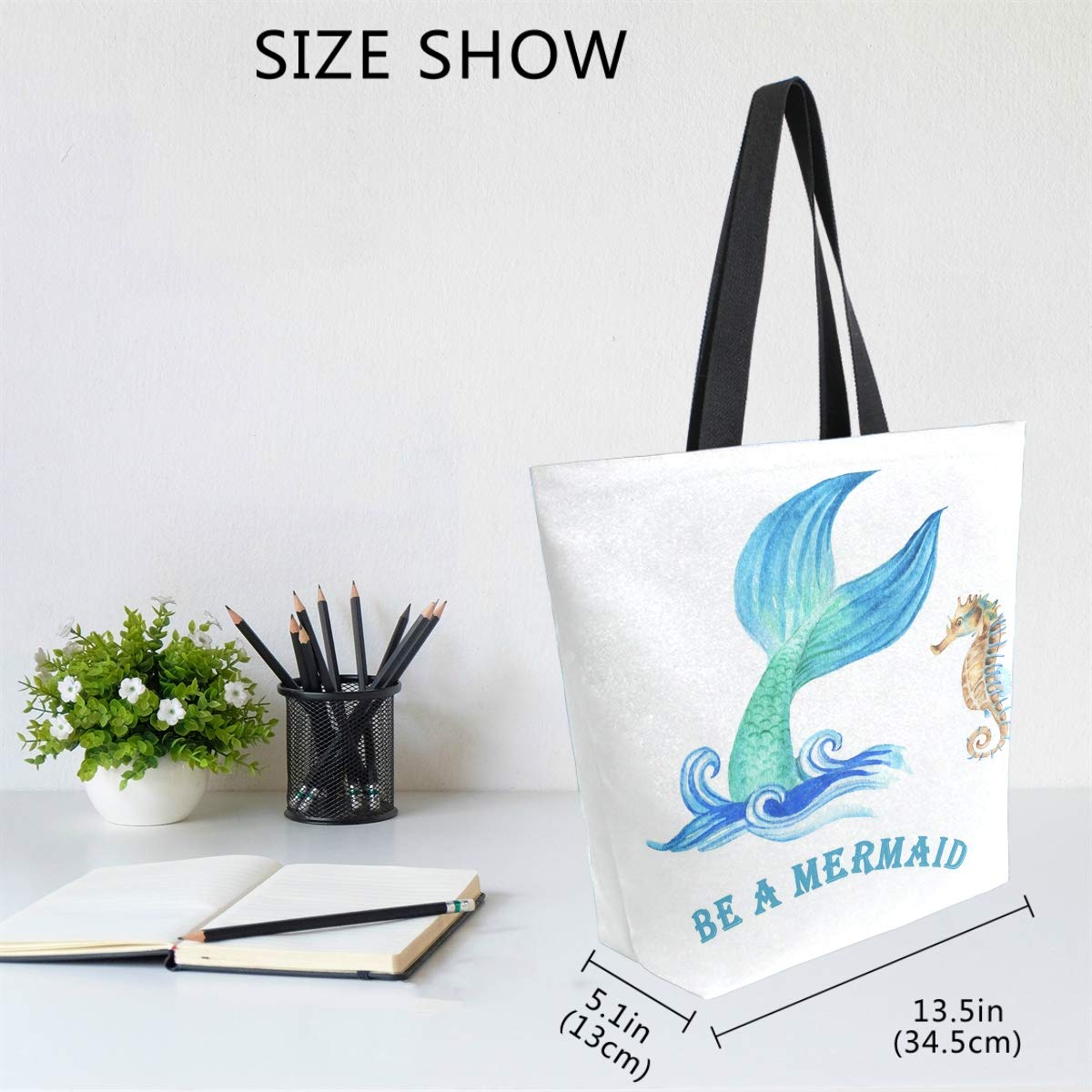Naanle Be A Mermaid Canvas Tote Bag Large Women Casual Shoulder Bag Handbag, Mermaid Seahorse Reusable Multipurpose Heavy Duty S